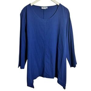 Hot Cotton Top Women XL Blue Lagenlook Pocket 3/4 Sleeve Minimal Modest Coastal